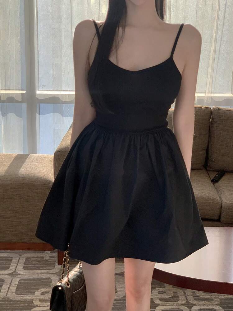 Women's Simple Solid Color Waist Cinched Camisole Mini Dress, Summer