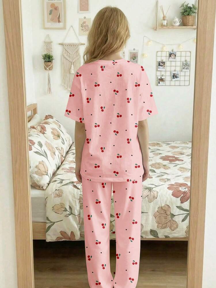 Bộ đồ ngủ ngắn tay cổ tròn tay ngắn kiểu dáng tối giản, dễ thương hình trái tim mini màu anh đào ❤ dành cho bé gái tuổi teen, mẫu mới 2026, kiểu ballet, thích hợp cho mùa hè. - Nhiều màu - Xem 2