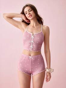 Bonmuse Women's Heart Printed Pajamas Set With Bow Decorationfor Summer - Pink - View 8