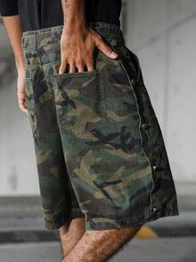 Manfinity EMRG Plus Size Men's Casual Camouflage Denim Shorts With Patch Decor And Multiple Buckle Waist Belt - Army Green - View 8