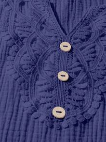 SHEIN LUNE CURVE Áo kiểu nữ cỡ lớn tay ngắn phối ren màu trơn, kiểu dáng thường ngày. - Màu xanh bụi bặm - Xem 5