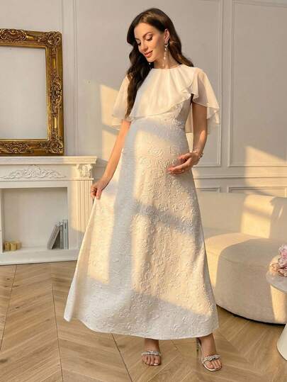 SHEIN Maternity Solid Color Round Neck Ruffle Hem Elegant Long Dress For Summer White Dresses For Pregnant Women Maternity Wedding Dress For Bride Elegant Maternity Dress Maternity Formal Dress White Floral Maternity Dress