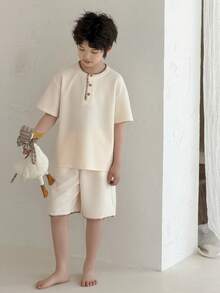 Dazy Kids 男童撞色圆领短袖上衣+休闲短裤套装，夏季居家服 - 米色 - 查看 6