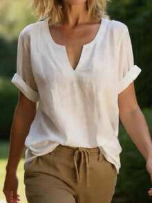EMERY ROSE Women's Casual Daily Commute Simple Solid Color V-Neck Rolled Hem Short Sleeve White Top Cotton Linen - White - View 3