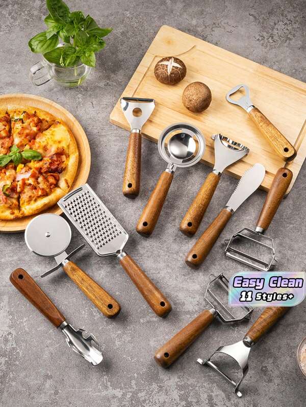 SHEIN 1pc Rosewood Kitchen Tool Set, Stainless Steel Peeler, Cheese Grater, Pizza Cutter, Baking Tools