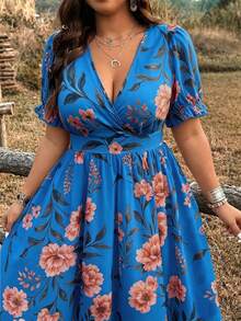 Ceyna Plus Size Elegant Floral Print Dress, Suitable For Spring/Summer - Navy Blue - View 6