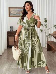 SHEIN LUNE 交叉绑带V领短袖宽松开衩优雅大码女式度假连衣裙 - 彩色 - 查看 7