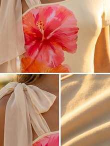 SHEIN Franclia Áo thun nữ dáng ôm, thắt nơ, vai ngắn, họa tiết da báo, phong cách Y2K. - Màu be - Xem 4