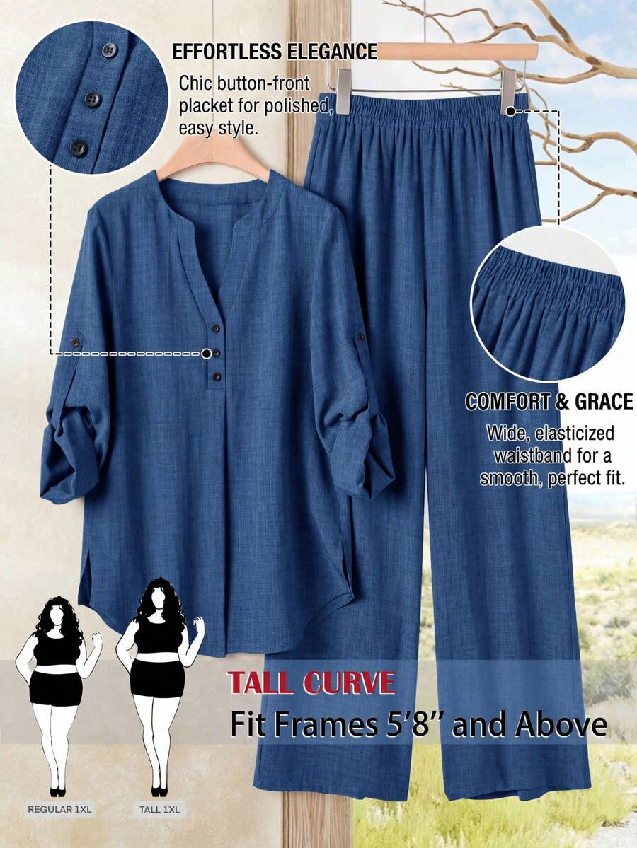 SHEIN Tall CURVE 大码女式纯色V领上衣和裤子休闲两件套 - 藏蓝色 - 查看 1