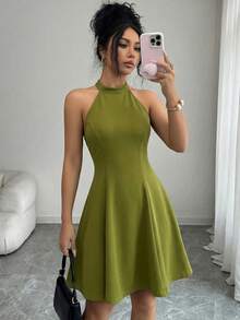 Elenzga Đầm chữ A màu trơn, cổ yếm, hở lưng, thanh lịch dành cho nữ, thích hợp cho kỳ nghỉ và đi làm, mùa xuân và hè. - màu xanh lá - Xem 4