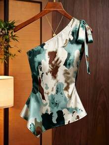 SHEIN Franclia Áo kiểu satin màu nâu caramel, thiết kế bất đối xứng với nơ ở vai, kiểu dáng ôm sát, xếp ly bất đối xứng, phù hợp cho hẹn hò, đi làm, kiểu dáng gợi cảm với phần vai bất đối xứng, áo sơ mi thanh lịch và thời trang. - Cà phê nâu - Xem 2
