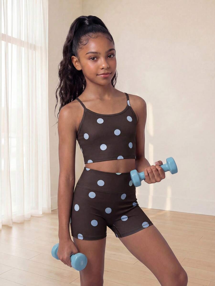 SHEIN Bộ đồ thể thao chấm bi dành cho bé gái tuổi teen. Thích hợp cho yoga, thể thao, hoạt động ngoài trời, kỳ nghỉ hè, v.v. - Cà phê nâu - Xem 1