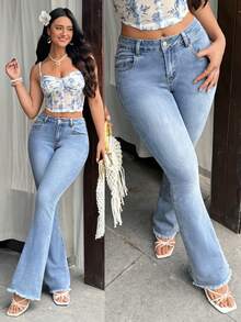 SHEIN Tall Women's Pocket Button Casual Versatile Daily Wear Flare Leg Jeans - Blue - View 8