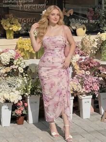 SHEIN MOD Plus Size Women's Elegant Blush Pink Butterfly Print Ruched Ruffle Hem Asymmetrical Dress,Summer Holiday Vacation,Formal Cocktail Party Prom Dress - Multicolor - View 9