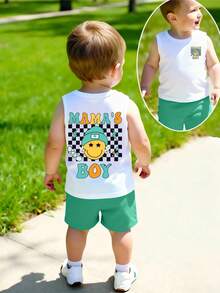 2pcs/Set Baby Boy Casual Graphic Print "MAMA'S BOY" Top And Solid Color Shorts Outfit, Summer Sleeveless Tee And Shorts Set - Multicolor - View 1
