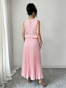 Selianne Fashionable Elegant Sexy 3D Floral Pleated Round Neck Sleeveless 2 In 1 Dress For Women Golf Pastal Summer - Pink - View 2