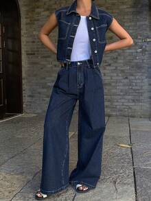 DAZY Bộ đồ nữ gồm áo không tay có cổ và quần jeans ống rộng dáng suông. - Màu xanh lam - Xem 5