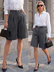 SHEIN ICON Bộ quần đùi Bermuda màu xám đơn giản mùa xuân dành cho nữ, thích hợp cho việc đi làm hàng ngày. - Xám - Xem 1