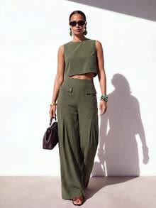 Zivah Bộ đồ đi biển phong cách Bohemian bằng vải lanh mới năm 2026, gồm áo vest và quần dài phối họa tiết độc đáo, bộ vest và quần dài thanh lịch cho kỳ nghỉ, quần dài hai mảnh phối họa tiết độc đáo, quần dài và vest màu xanh quân đội, quần dài hai mảnh phong cách Bohemian thanh lịch cho kỳ nghỉ, quần dài và vest chất liệu vải lanh cho kỳ nghỉ. - xanh quân đội - Xem 7
