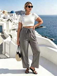 EMERY ROSE Plus Size Women Casual Boho Brown Stripe Pants, Suitable For Daily Commute Gym In Autumn Holiday Vacation - Multicolor - View 4