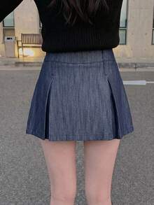 DAZY Women's Casual Pleated A-Line Skirt, Suitable For Daily Commute In Autumn Back-To-School Senior Picture Dark Wash - Blue - View 6