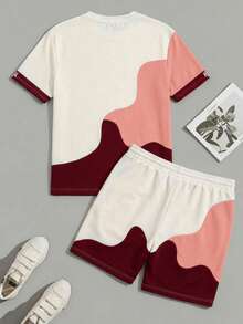 Sorvial Men's Casual Fashion Street Daily Commute Letter Print Contrast Color Dropped Shoulder Loose T-Shirt And Drawstring Waist Shorts Set, Summer - Multicolor - View 3