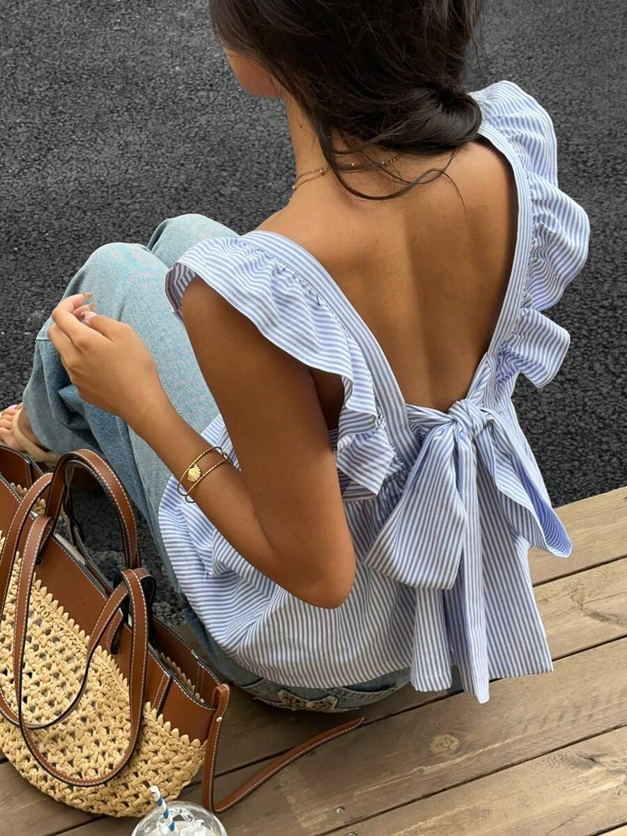 SHEIN EZwear 蓝色梭织女式荷叶边条纹印花露背上衣 - 藍白色 - 查看 1