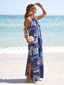 SHEIN LUNE Women's Blue And White Flower Floral Print Backless Tassel Dress,Boho Tropical Summer Beach Vacation Outfits,Casual Country Concert Outfit For Women - Multicolor - View 5
