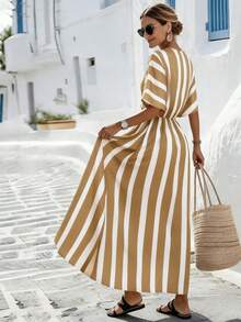 SHEIN Holidaya 女士黄色条纹宽松度假春夏V领修身蝙蝠袖连衣裙，适合度假、休闲、居家和日常活动 - 卡其色 - 查看 3