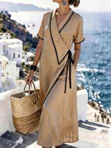 SHEIN Holidaya Đầm nữ dáng suông, tay ngắn, cổ bẻ dài, kiểu dáng thường ngày, thích hợp mặc đi làm, mùa xuân hè, màu mơ có họa tiết phối viền tương phản, phù hợp cho đi làm, mặc hàng ngày, mùa đông, mùa xuân, mùa thu, các cuộc họp, công sở, hẹn hò, trang phục giáo viên chuyên nghiệp, Giáng sinh và năm mới, các buổi gặp gỡ thân mật, du lịch, sang trọng, thanh lịch, tối giản, phù hợp mọi mùa, đi biển, mùa hè, đầm đi nghỉ mát. - Màu be - Xem 4