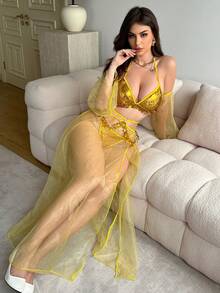 Fantasy Costume Fantasy Costume 四件套：异域风情亮片铃铛、网纱长裙、女士内衣套装 - 黃色 - 查看 6