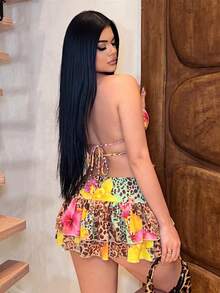 SHEIN SXY 女士度假豹纹印花深V领性感迷你连衣裙 - 彩色 - 查看 2