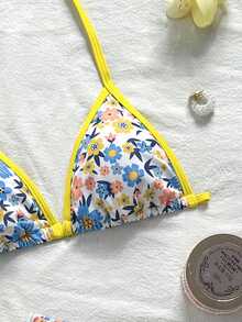 SHEIN Bộ bikini hai mảnh màu xanh hoa văn phối viền tương phản dành cho thiếu nữ, áo và quần short, đồ bơi đi biển kỳ nghỉ. - Nhiều màu - Xem 6