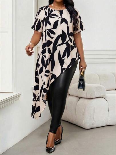 SHEIN Lady Áo sơ mi nữ cỡ lớn in họa tiết lá, vạt áo bất đối xứng, kiểu dáng thường ngày, đa năng.