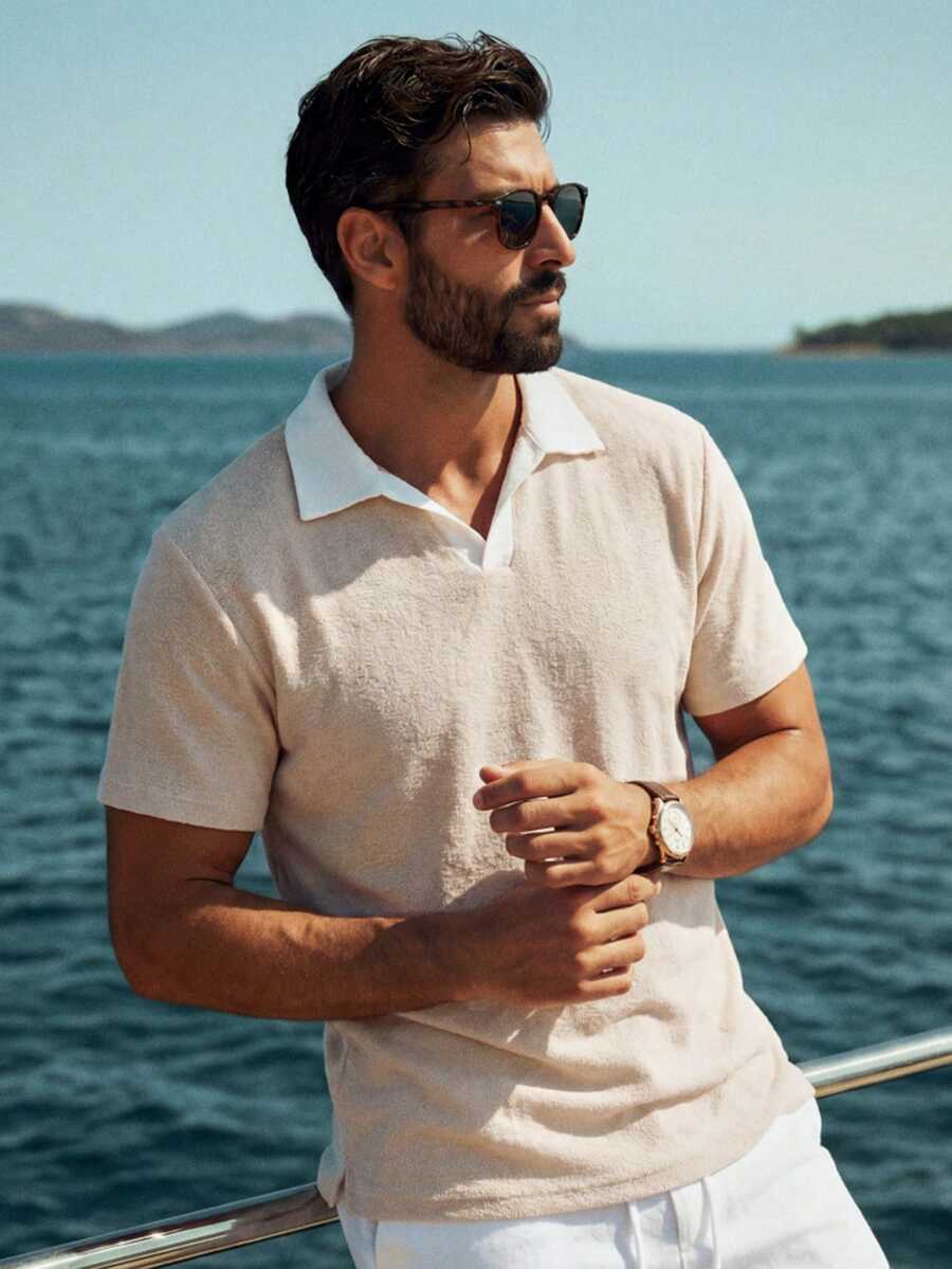 HIMLAND Men's Color Block Casual Versatile Commute Short Sleeve Polo Shirt, Vacation, Father's Day Gifts - Khaki - View 1