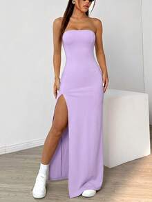 SHEIN EZwear 女款薰衣草色前開衩夏季洋裝 春季服飾 約會之夜 外出穿著 性感優雅 - 紫色 - 查看 3