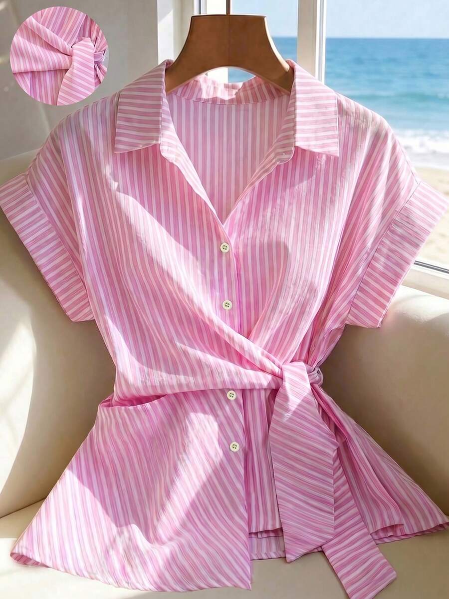 SHEIN Franclia Women's Pink And White Striped Shirt,Summer Elegant Holiday Vacation Holiday Casual Minimalist Button Short Sleeve Stand Collar Versatile Commute - Multicolor - View 1