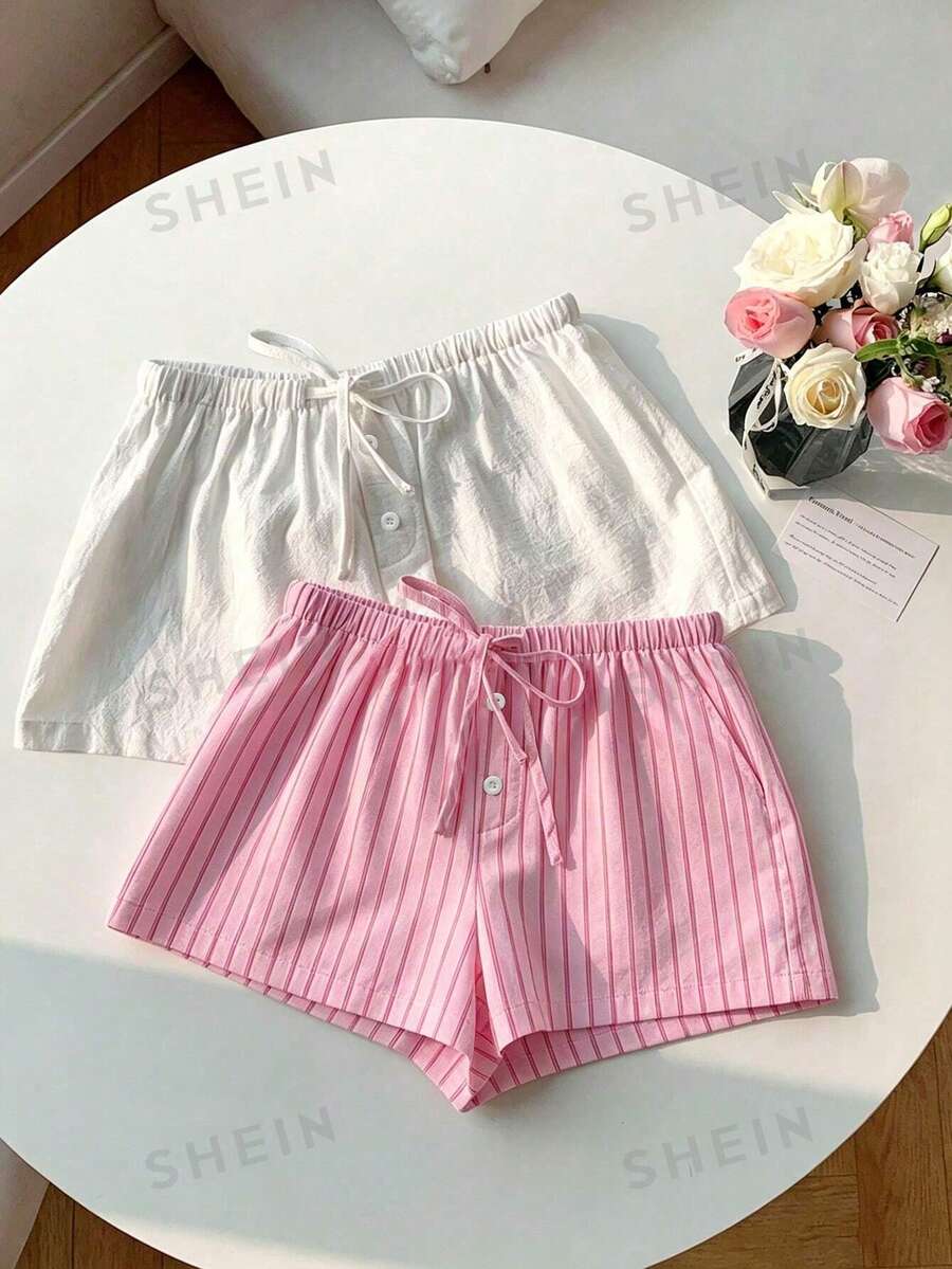 Comfortcana Bộ 2 món áo thun kẻ sọc hồng và quần short trắng buộc dây phía trước dành cho nữ, thích hợp cho mùa hè. - Nhiều màu - Xem 1