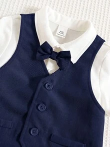 SHEIN 3 pièces Ensemble costume de gentleman pour bébé garçon/fille : chemise à manches courtes blanche, gilet et short/pantalon. Tenue élégante pour le printemps/l'été, convient pour un anniversaire, un baptême, un 1er anniversaire, une cérémonie, un mariage, etc. - Bleu marine - Voir 8