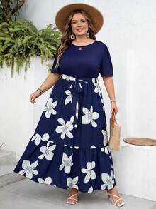 SHEIN CURVE+ Curve 尺码 US22 音乐节、海滨度假、波西米亚风夏季休闲度假印花拼接短袖连衣裙长裙 - 藏蓝色 - 查看 5