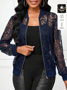 SHEIN Lady Áo khoác bóng chày mỏng ren màu đen dành cho nữ, thích hợp cho mùa thu/đông. - Màu xanh hải quân - Xem 3