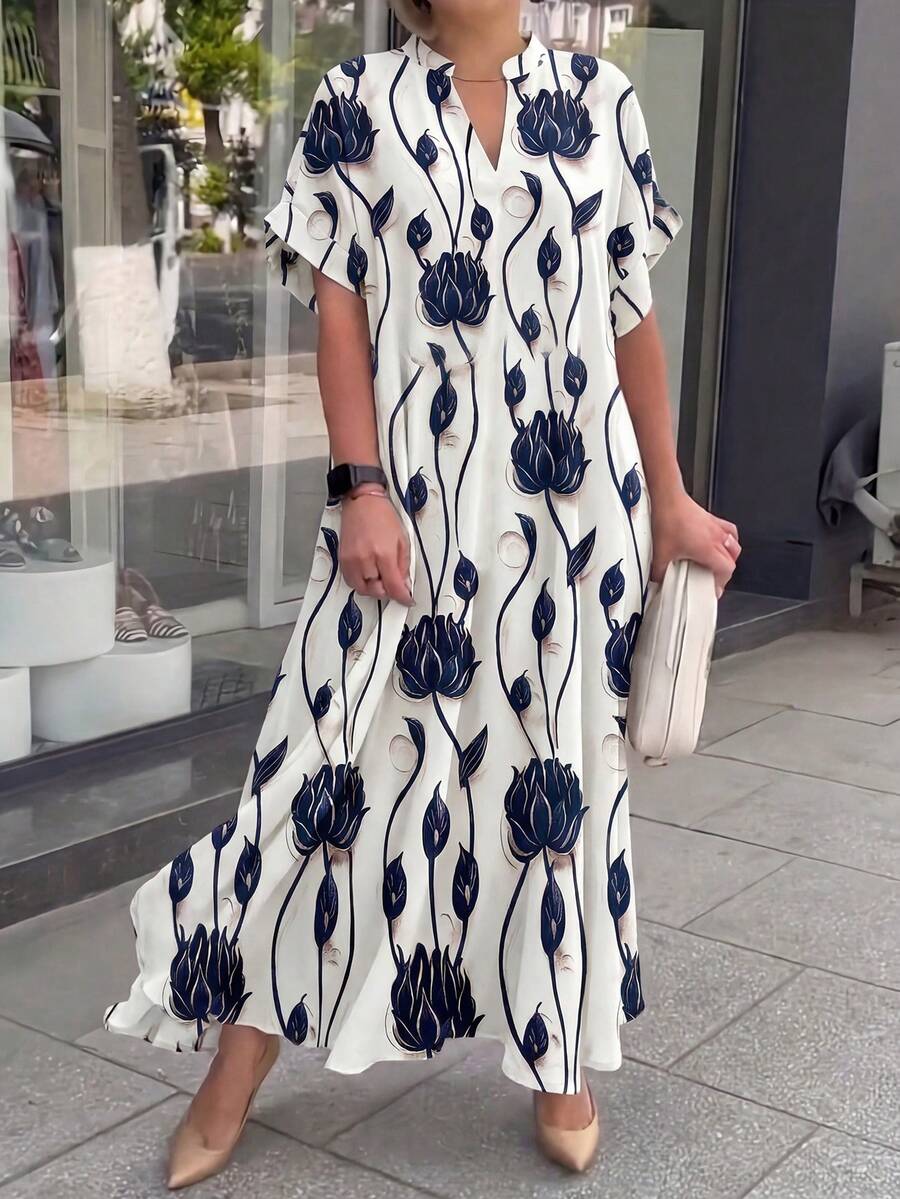 EMERY ROSE Robe longue d'été décontractée et ample à col V avec imprimé floral blanc et noir de lotus pour femmes, idéale pour la plage et les vacances - Multicolore - Voir 1