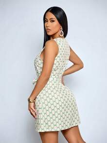 SOLERSUN Women's Vintage All-Over Print Sleeveless Tie-Back Waist Cinching Mini Dress, Elegant For Everyday, Dates, Afternoon Tea, Gatherings, Graduation, Commute, Office, Vacation Mint Green Dresses For Women - Green - View 2