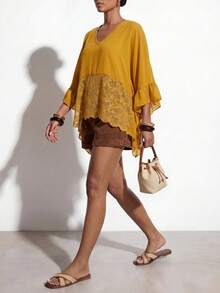 Zivah Blusa holgada de mujer con cuello en V, mangas con volantes y encaje de contraste - Mostaza Amarilla - Ver 6