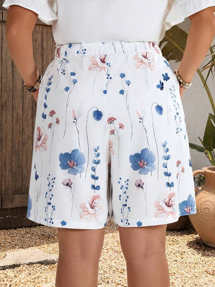 Plus Size Summer Floral Print Elastic Waist Asymmetric Pocket Shorts Beach Outfits Summer Outfit For Women Summer Outfits