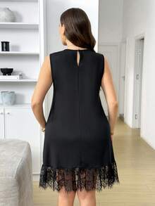 Easowa Curve Plus Size Women Solid Color Contrast Lace Sleeveless Dress Holiday Black Summer Elegant Wedding Guest - Black - View 2
