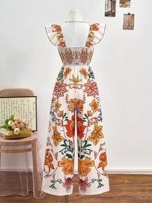 SHEIN Bộ jumpsuit màu be nhạt với họa tiết hoa màu cam vàng rực rỡ và lá xanh, gợi nhớ đến một khu vườn mùa xuân đầy sức sống. Phần cổ vuông tôn lên đường viền vai và cổ, trong khi tay áo bồng bềnh và kiểu dáng ống rộng tạo nên vẻ ngoài thoải mái nhưng vẫn bắt mắt. Thích hợp cho những kỳ nghỉ ở bãi biển, tiệc trà trong vườn hoặc dạo quanh các chợ thủ công, bộ jumpsuit này toát lên vẻ phóng khoáng, đậm chất nghỉ dưỡng. - Nhiều màu - Xem 2