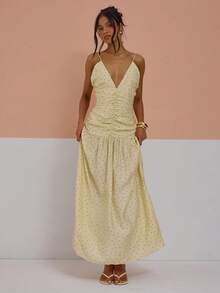 MUSERA V Plunge Ruched Front Flowy Polka Dot Thin Strap Maxi Dress Sexy Cute Spring Summer Holiday Vacation Going Out Girly Cool Girl Late Checkout - Champagne - View 5