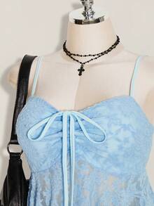 SHEIN ICON Plus Size Solid Color Lace Patchwork Front Drawstring Tie Camisole Top, Asymmetric Hem, Y2K Style, Suitable For Summer - Baby Blue - View 5