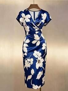 EMERY ROSE New Satin Printed V-Neck Short Sleeve Pleated Cinched Waist Midi Dress - Blue - View 1